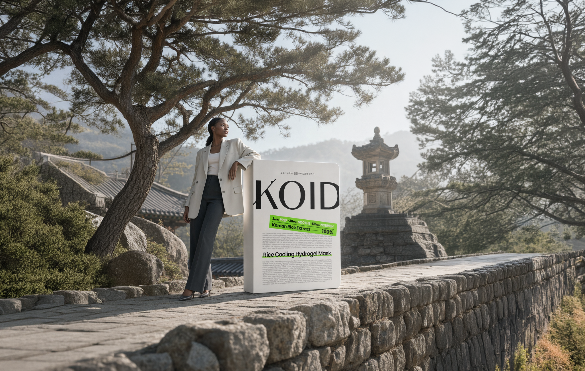 한국의 전통 풍경 속 KOID 라이스 쿨링 하이드로겔 마스크 콘셉트